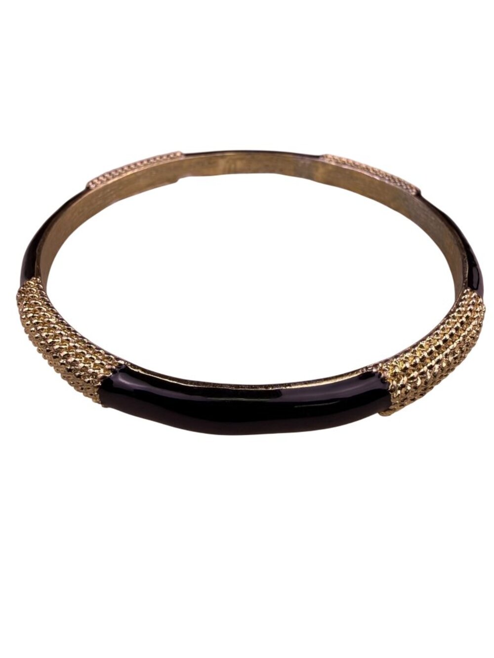 Gold Tone Black Enamel Womens Vintage Bracelet Textured Detail Bangle